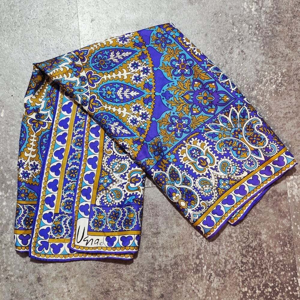 Vintage 1960s Vera Neumann Blue and Gold Scarf